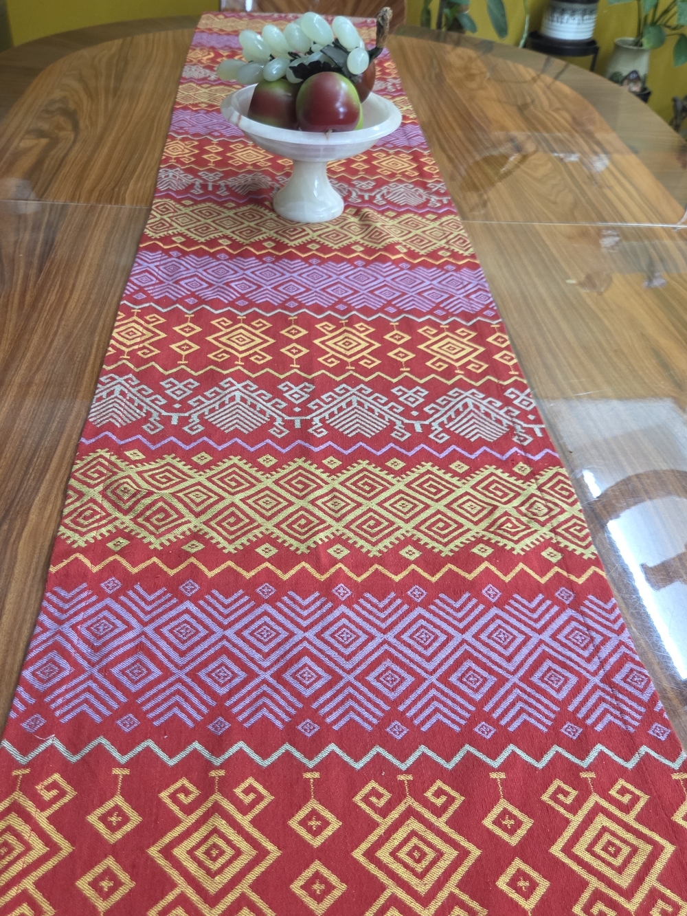 Vibrant Red & Gold Geometric Table Runner 100%Cotton 94"x14"